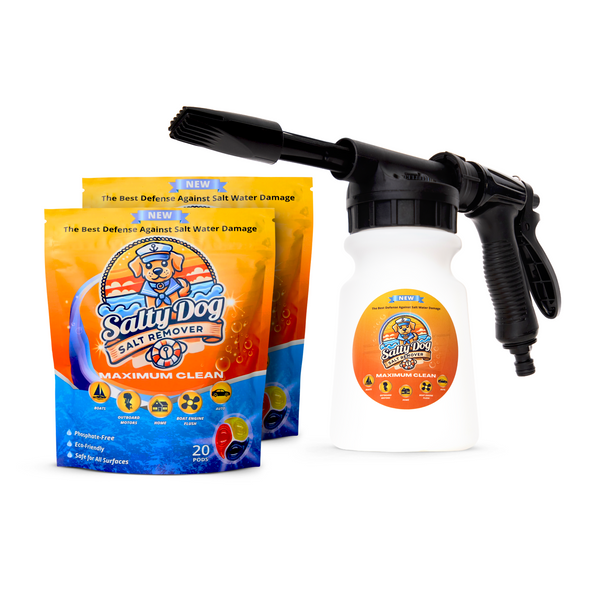 Salty Dog boat cleaning bundle with two salt remover pod pouches and a foam sprayer