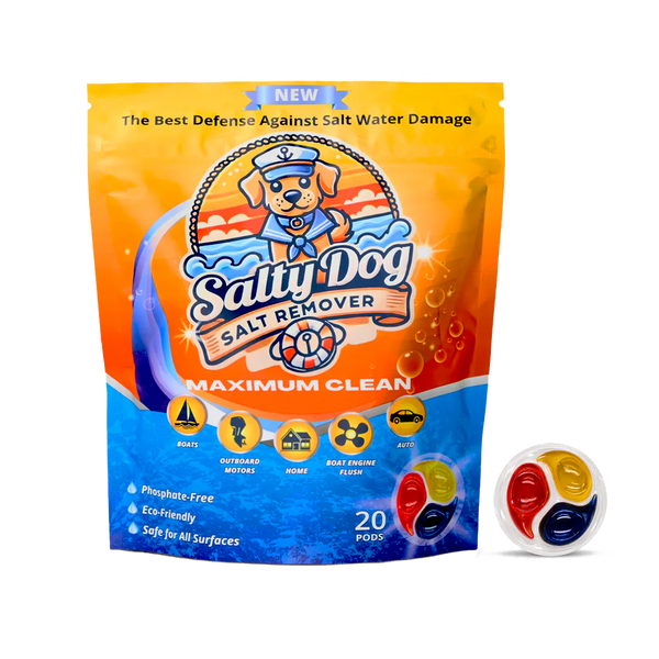 Salty Dog boat salt remover pods, a pouch of 20 phosphate-free, eco-friendly marine cleaning pods