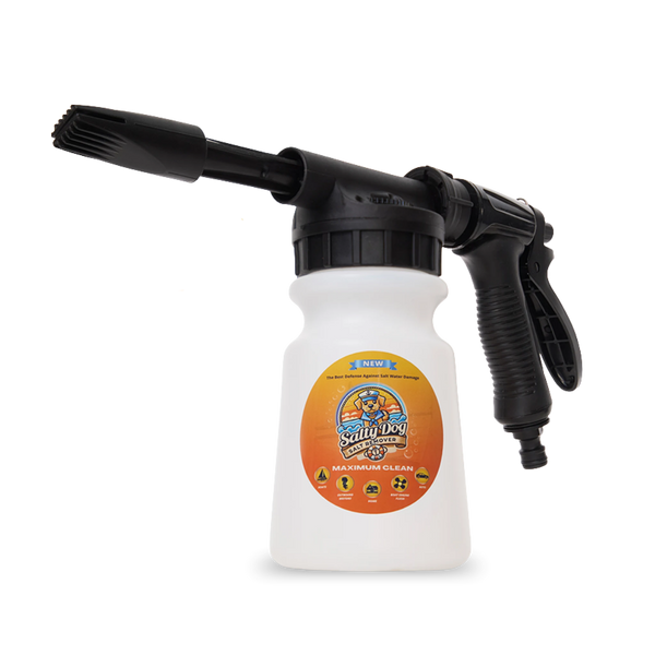 Salty Dog foam sprayer for boat cleaning with applicator bottle on a white background
