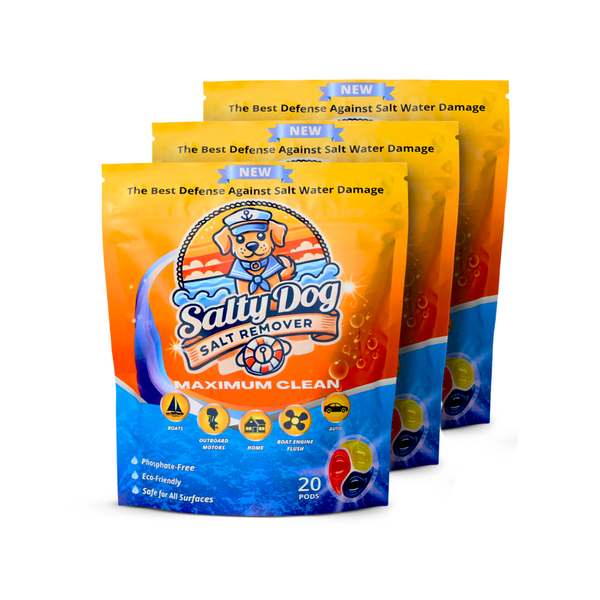 Salty Dog boat salt remover three-pack, three pouches of 20 marine cleaning pods each
