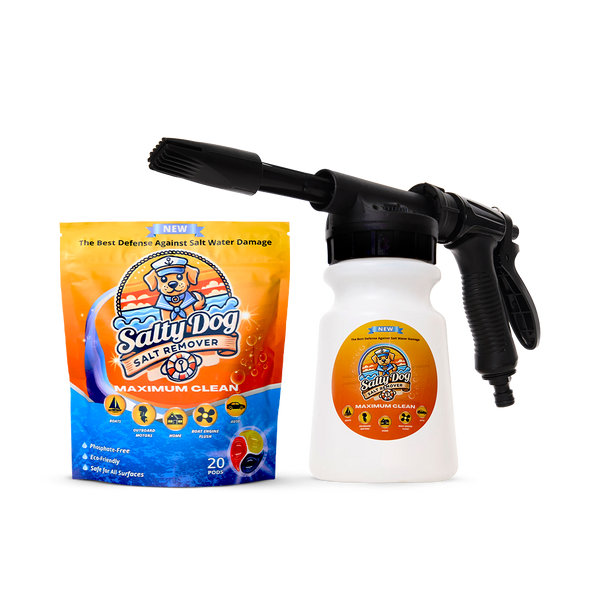 Salty Dog boat cleaning combo bundle with salt remover pods and a foam sprayer