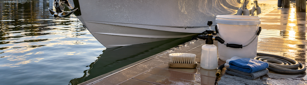 Boat exterior cleaning supplies, including a scrub brush, bucket, and towels, arranged dockside next to a clean white hull at sunset.
