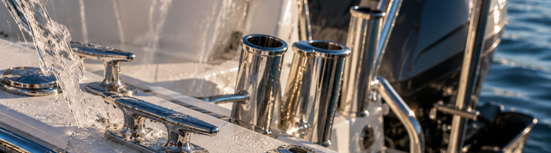 Freshwater rinsing off a boat's chrome cleats and rod holders after a day on saltwater, showing the corrosion-prone hardware biodegradable salt removers are designed to protect.