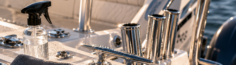 Sunlit boat helm with polished chrome rod holders and a spray bottle of cleaning solution, salt residue visible on the metal surfaces.