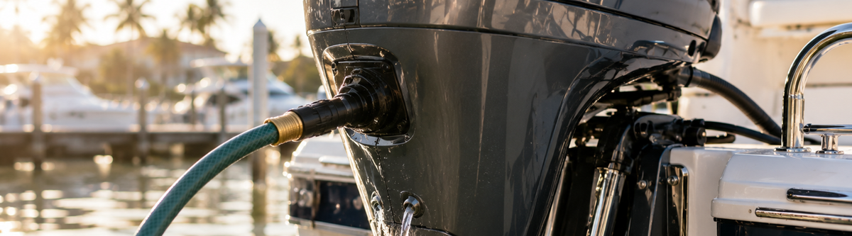 Freshwater flush hose connected to an outboard motor's earmuff fitting at a marina, used to rinse salt buildup after saltwater boating.