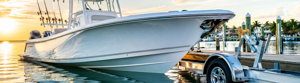 White center console fishing boat on a trailer at a marina dock during golden hour.