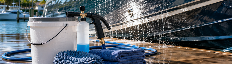 Boat washing supplies on a marina dock, including a foam cannon sprayer, bucket, microfiber towels, and hose.