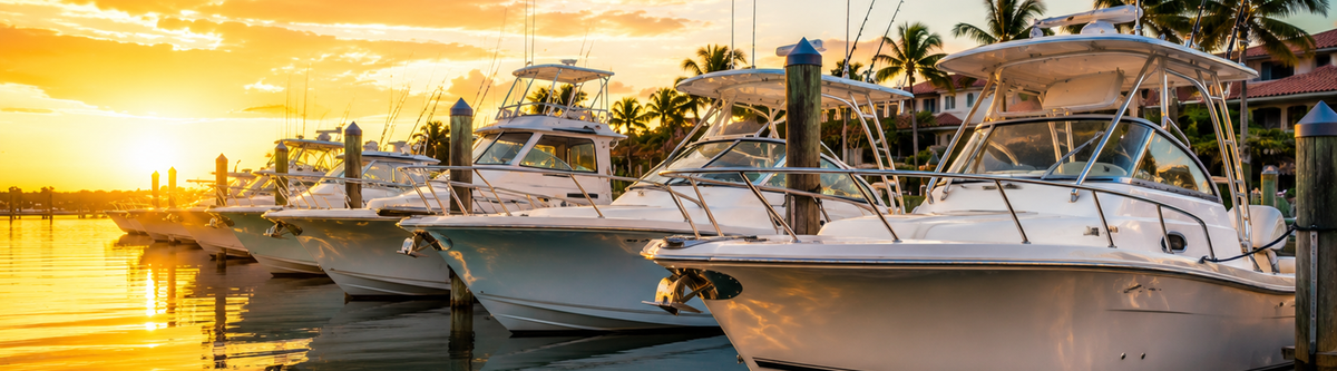 Row of white sport fishing boats docked at a marina during a golden sunset.