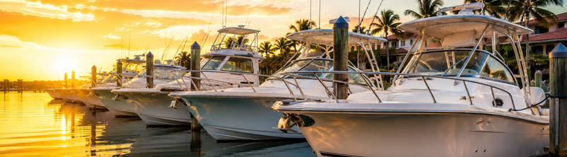 Row of white sport fishing boats docked at a marina during a golden sunset.