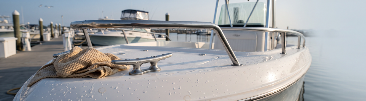 Water droplets beading on fiberglass boat deck