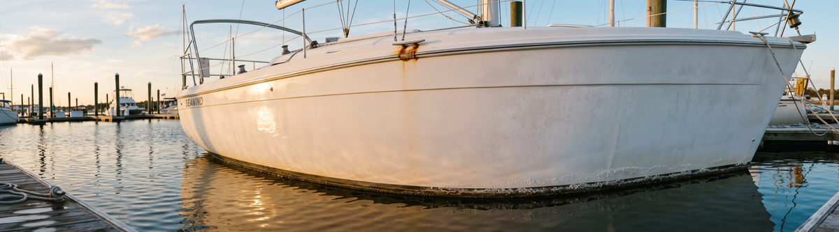 White sailboat hull docked at a marina