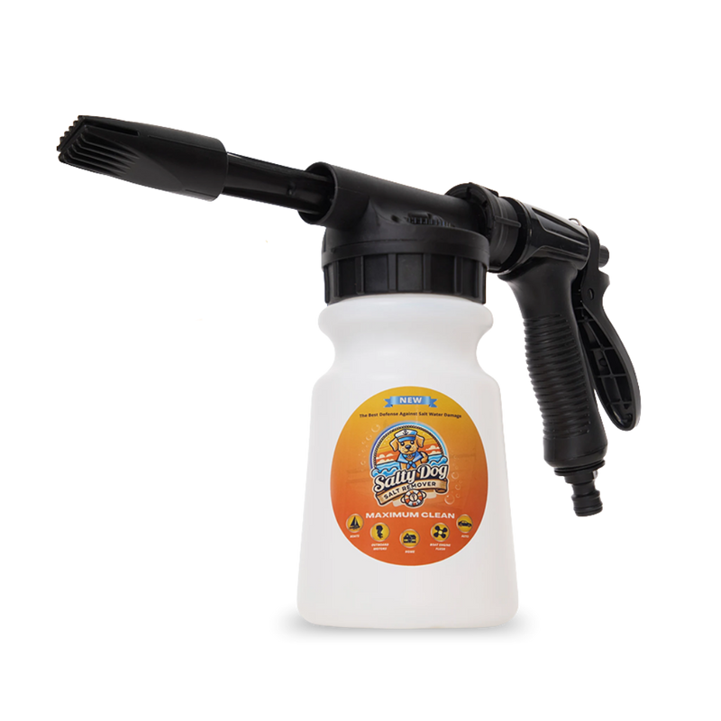 Salty Dog foam sprayer for boat cleaning with applicator bottle on a white background